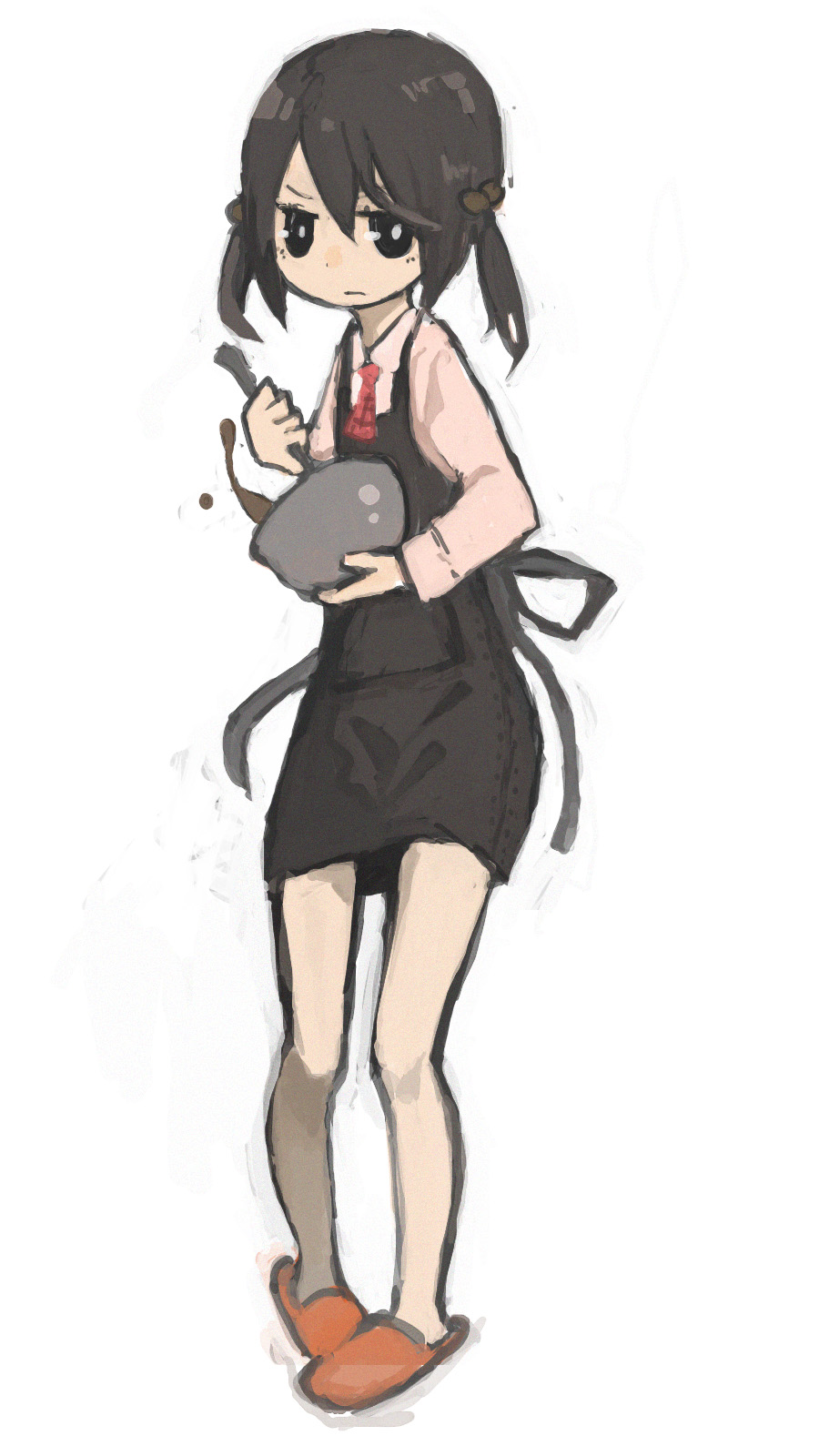 1girl, apron, black_eyes, black_hair, chocolate_making, disco_chocolatheque_(vocaloid), female_focus, full_body, hair_bobbles, hair_ornament, highres, kaai_yuki, mizu_denpa, short_hair, simple_background, skirt, solo, twintails, vocaloid