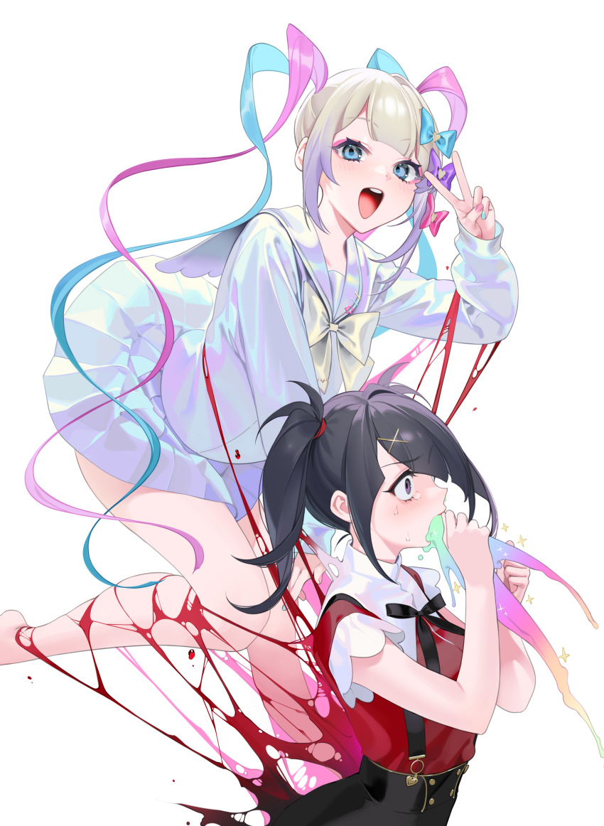 2girls, ;d, absurdres, ame-chan_(needy_girl_overdose), barefoot, black_hair, black_ribbon, blood