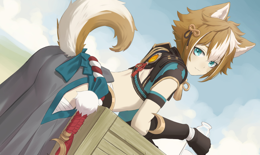 1boy, absurdres, anchun_(quail0503), animal_ears, aqua_eyes, ass, bad_id, bad_pixiv_id, brown_hair, clothing_cutout, crate, dog_ears, dog_tail, genshin_impact, gloves, gorou_(genshin_impact), hakama, highres, hip_vent, japanese_clothes, leaning, leaning_forward, looking_at_viewer, male_focus, multicolored_hair, short_hair, smile, solo, tail, two-tone_hair