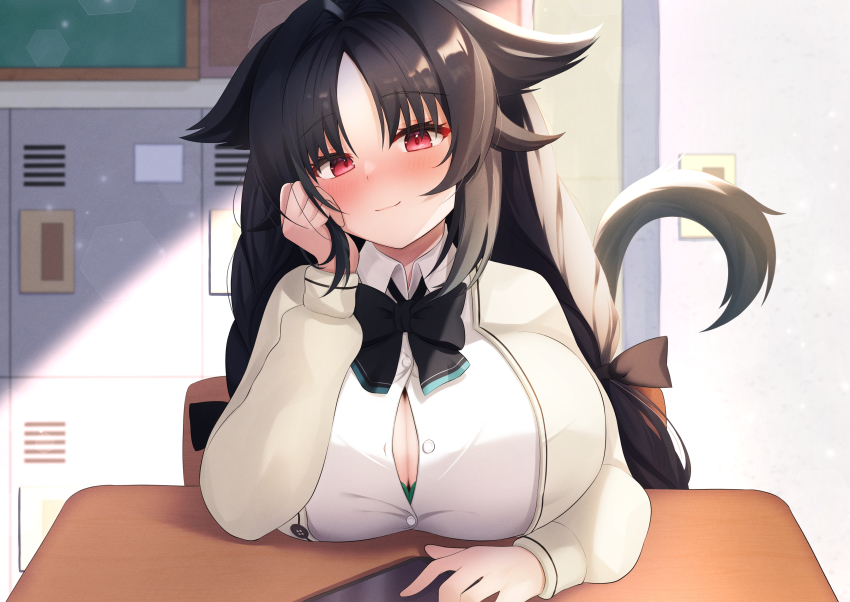 1girl, absurdres, animal_ears, azur_lane, black_bow, black_bowtie, black_hair, blush, bow, bowtie, breast_rest, breasts, button_gap, cat_ears, cat_tail, cleavage, closed_mouth, collared_shirt, desk, elegant_(sumisumi4268), head_rest, head_tilt, highres, huge_breasts, indoors, light_smile, locker, long_hair, long_sleeves, looking_at_viewer, ooshio_(azur_lane), ooshio_(let's_'ave_lunch)_(azur_lane), red_eyes, school_desk, shirt, solo, tail, upper_body, white_shirt, wing_collar