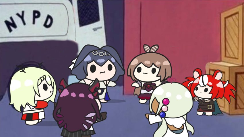 6+girls, :3, :i, ceres_fauna, chibi, commentary, cosplay, costume_switch