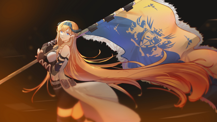 1girl, absurdly_long_hair, absurdres, arknights, bare_shoulders, black_gloves, black_skirt, blonde_hair