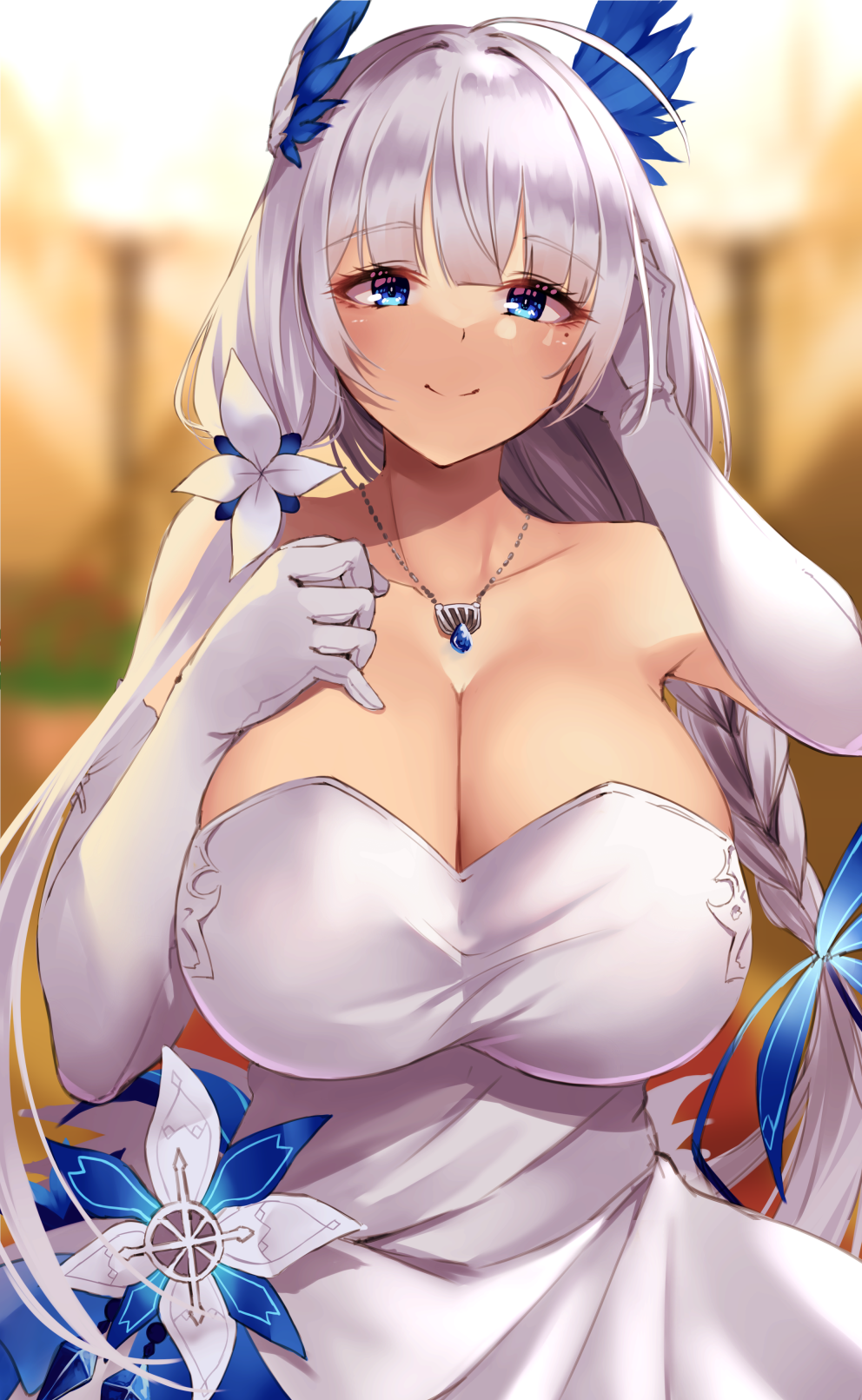 1girl, azur_lane, bare_shoulders, blue_eyes, blush, breasts, cleavage, collarbone, dress, elbow_gloves, gloves, highres, illustrious_(azur_lane), illustrious_(illustrious_ball)_(azur_lane), jewelry, large_breasts, long_hair, looking_at_viewer, mole, mole_under_eye, necklace, official_alternate_costume, silver_hair, smile, solo, wee_(weeyy), white_dress, white_gloves