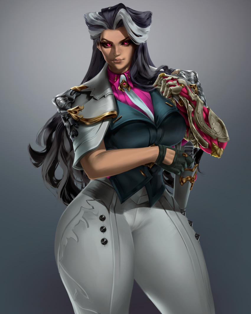 1girl, absurdres, black_sclera, breasts, closed_mouth, collared_shirt, colored_sclera, curvy, female_focus, gun, highres, large_breasts, league_of_legends, long_hair, looking_at_viewer, mechanical_arms, multicolored_hair, necktie, nyahabi2112, pink_eyes, pink_shirt, renata_glasc, shirt, simple_background, single_mechanical_arm, solo, two-tone_hair, weapon