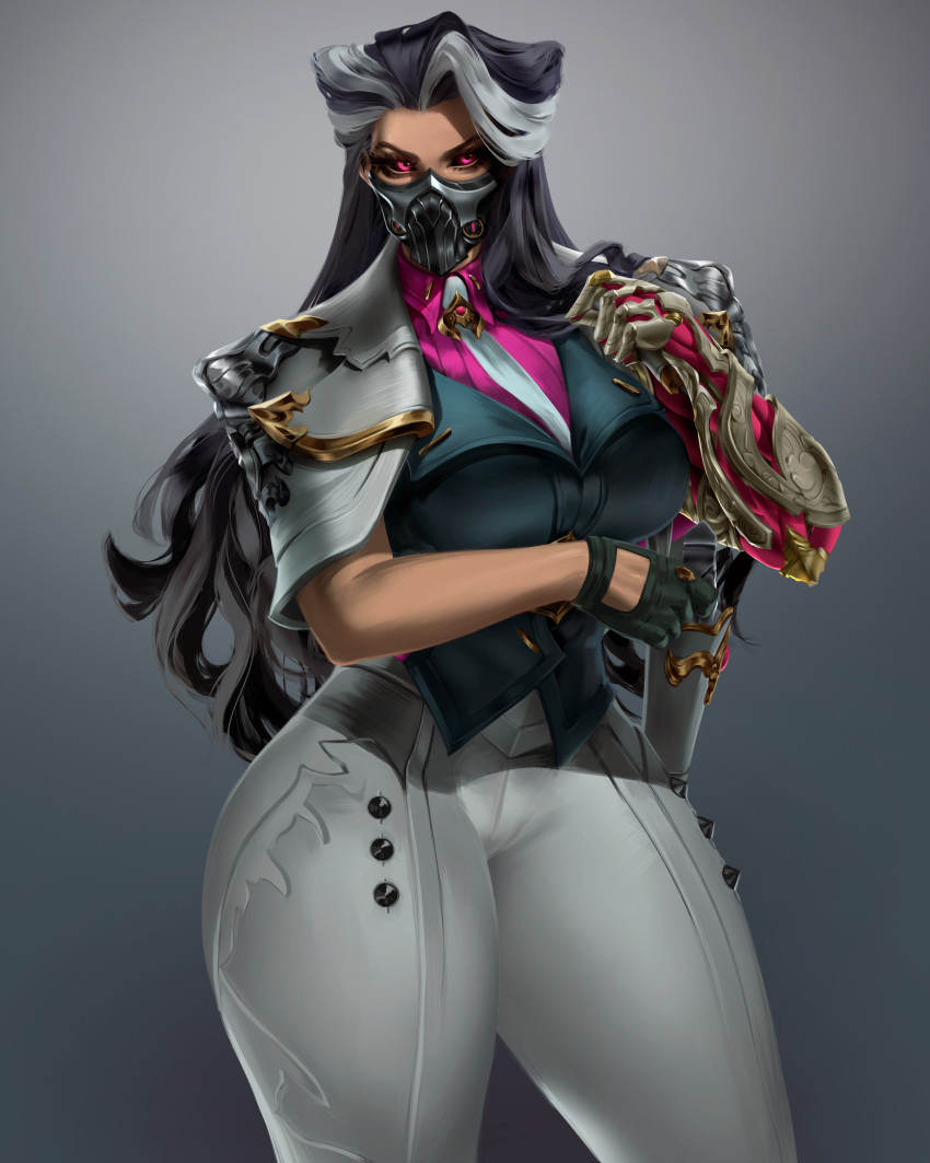 1girl, absurdres, black_sclera, breasts, collared_shirt, colored_sclera, curvy, female_focus, gun, highres, large_breasts, league_of_legends, long_hair, looking_at_viewer, mask, mechanical_arms, mouth_mask, multicolored_hair, necktie, nyahabi2112, pink_eyes, pink_shirt, renata_glasc, shirt, simple_background, single_mechanical_arm, solo, two-tone_hair, weapon