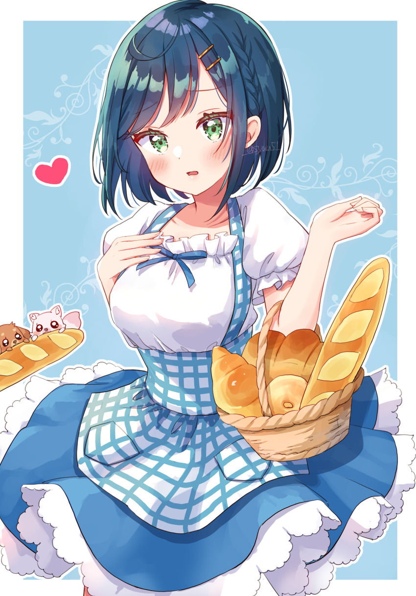 1girl, absurdres, alternate_breast_size, apron, baguette, basket, blue_apron, blue_background
