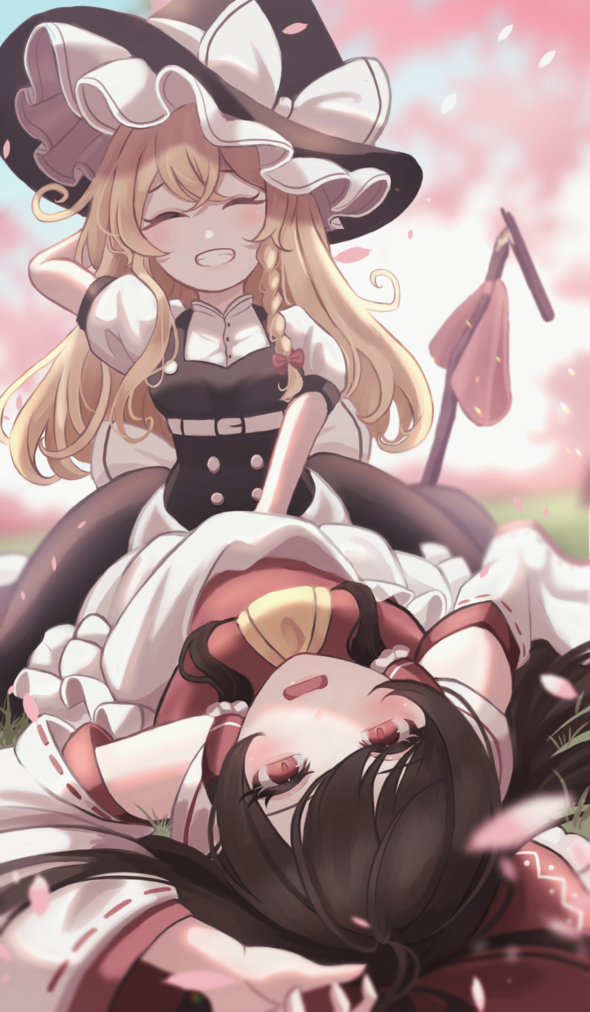2girls, absurdres, apron, blonde_hair, blurry, blush, bow, braid
