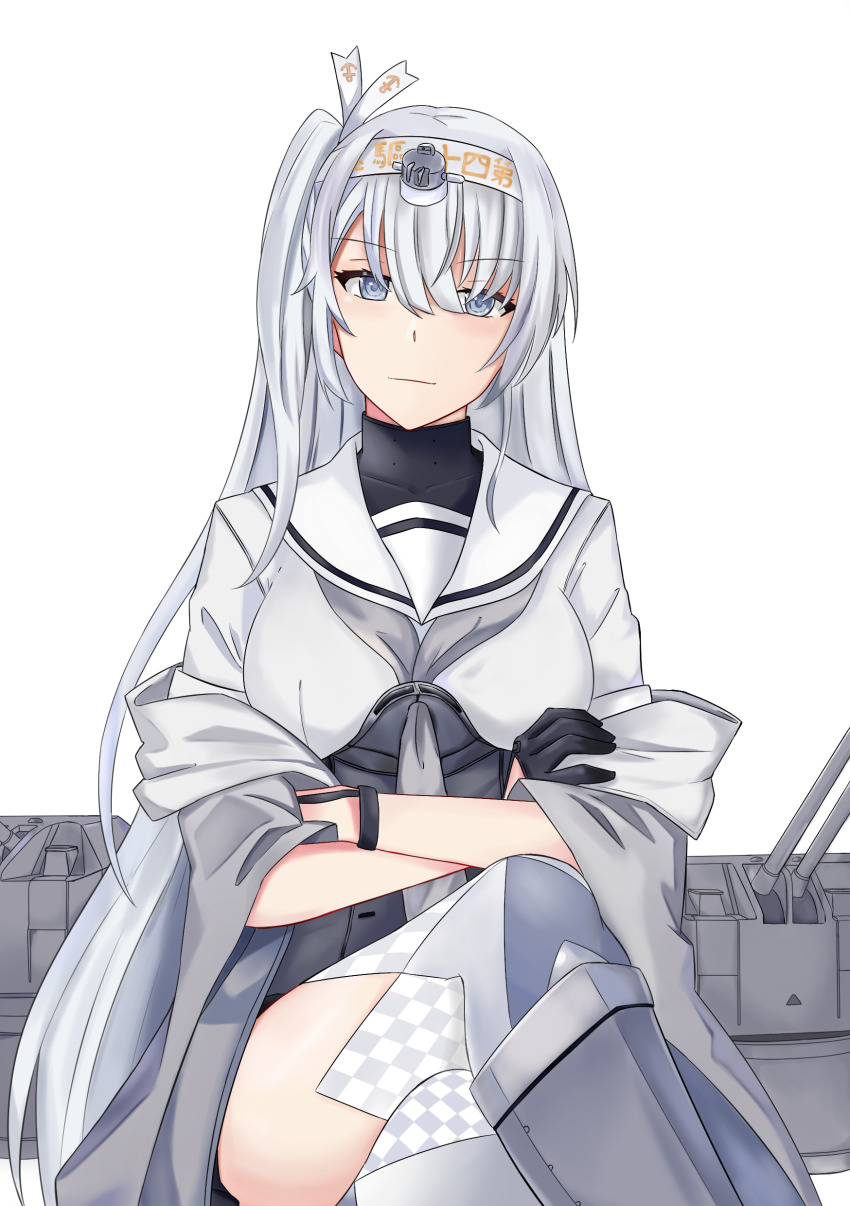 1girl, absurdres, black_gloves, chou-10cm-hou-chan_(fuyutsuki's), crossed_legs, fuyutsuki_(kancolle), gloves, grey_eyes