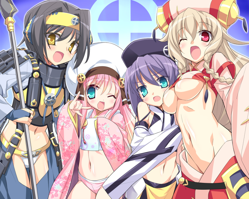 4girls, aqua_eyes, bad_id, bad_pixiv_id, black_hair, blonde_hair, braid, breasts, crest, crop_top, eeeeee, family_crest, groin, large_breasts, long_hair, medium_breasts, midriff, multiple_girls, navel, panties, pink_hair, polearm, purple_hair, red_eyes, sengoku_hime, sengoku_hime_2, shimazu_iehisa_(sengoku_hime), shimazu_toshihisa_(sengoku_hime), shimazu_yoshihiro_(sengoku_hime), shimazu_yoshihisa_(sengoku_hime), shiny_skin, short_hair, underboob, underwear, weapon, yellow_eyes