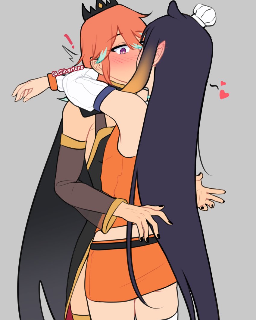 !, 2girls, absurdres, arms_around_neck, black_nails, blush, chef_hat, cosplay