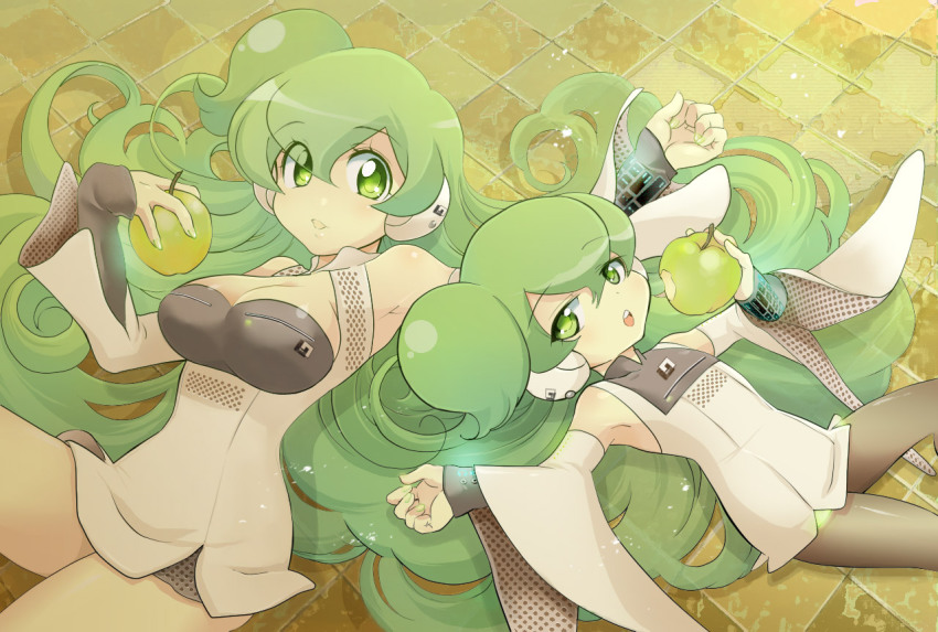 2girls, apple, apple_inc., bad_id, bad_pixiv_id, breasts, food, fruit