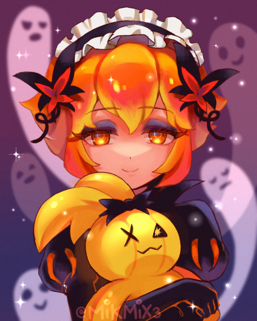 1girl, back_bow, bow, bright_pupils, butterfly_hair_ornament, child, closed_mouth, cookie_run, cookie_run:_kingdom, ghost, hair_ornament, highres, humanization, juliet_sleeves, long_sleeves, mikmix, orange_eyes, orange_hair, personification, puffy_sleeves, pumpkin_pie_cookie, short_hair, smile, solo, stuffed_animal, stuffed_toy, upper_body