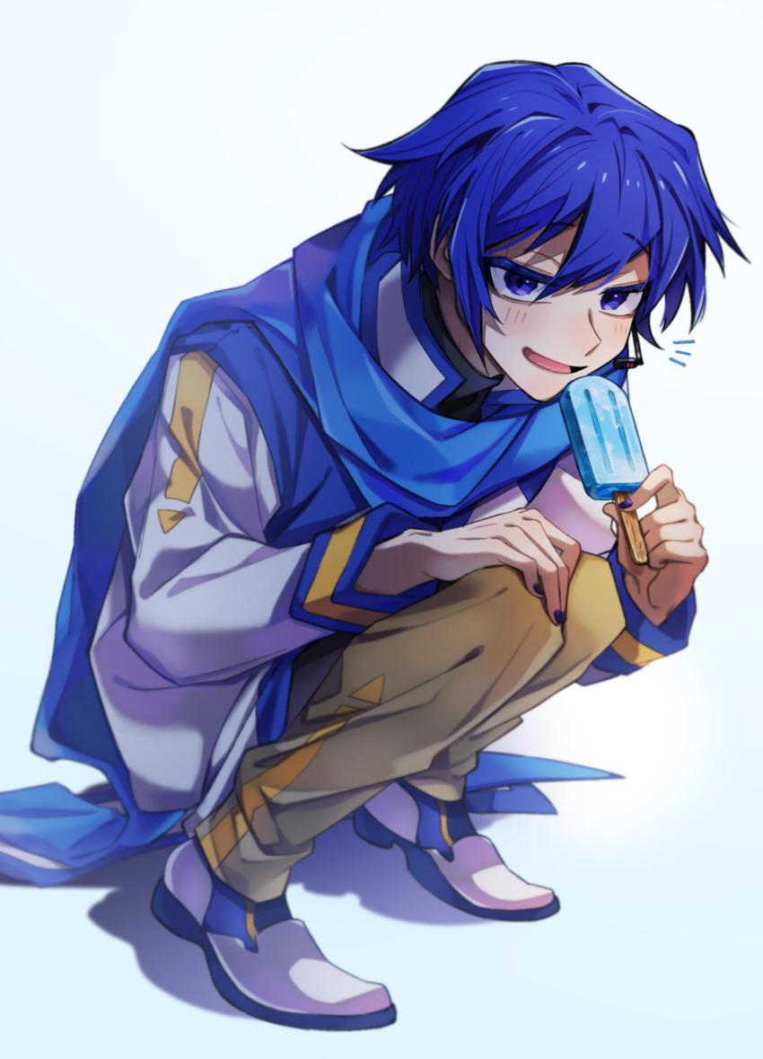 1boy, blue_eyes, blue_hair, coat, food, highres, holding, holding_food