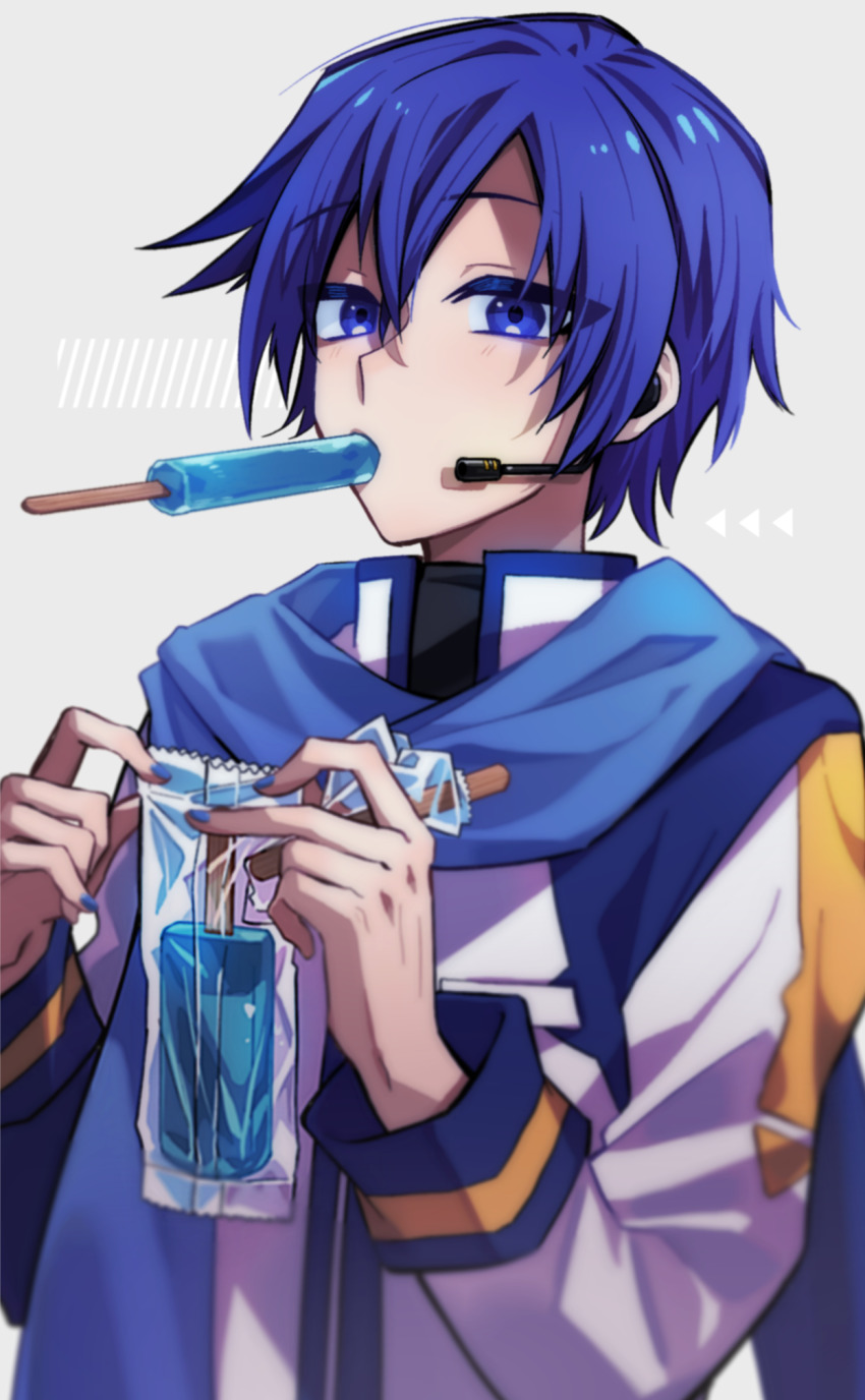 1boy, blue_eyes, blue_hair, coat, earphones, eating, food, food_in_mouth, hands_up, highres, idonaka, kaito_(vocaloid), long_sleeves, popsicle, popsicle_in_mouth, scarf, simple_background, solo, vocaloid