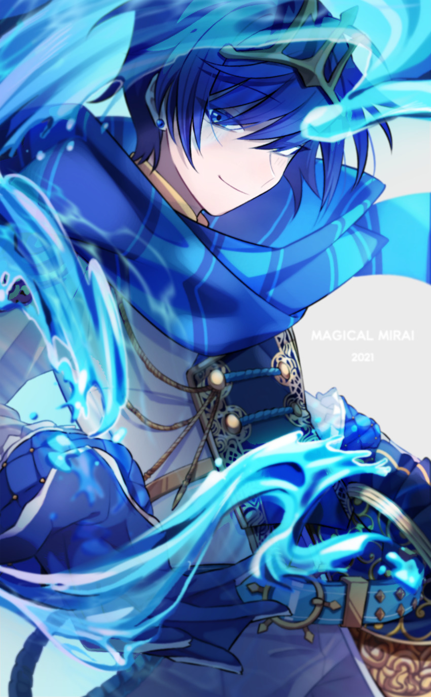 1boy, blue_eyes, blue_hair, blue_theme, crown, highres, idonaka, kaito_(vocaloid)