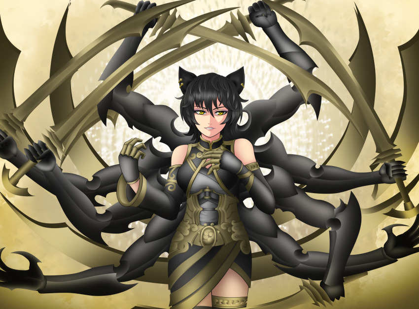 1girl, alavastircloud, animal_ears, armor, black_hair, breasts, cat_ears, extra_arms
