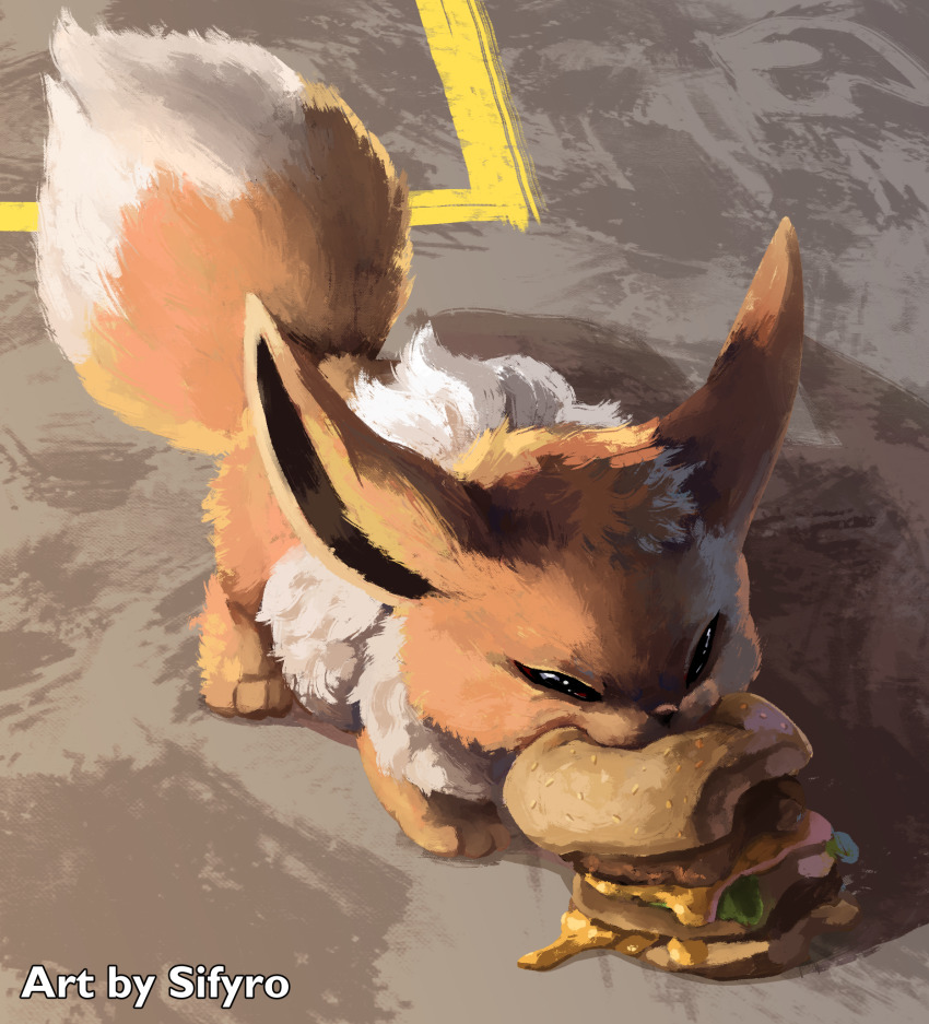 animal_focus, artist_name, brown_eyes, burger, cheese, eating, eevee, english_text, fluffy, food, food_bite, full_body, gen_1_pokemon, half-closed_eyes, highres, looking_at_viewer, meat, nintendo, no_humans, pokemon, pokemon_(creature), sesame_seeds, sifyro, solo, watermark
