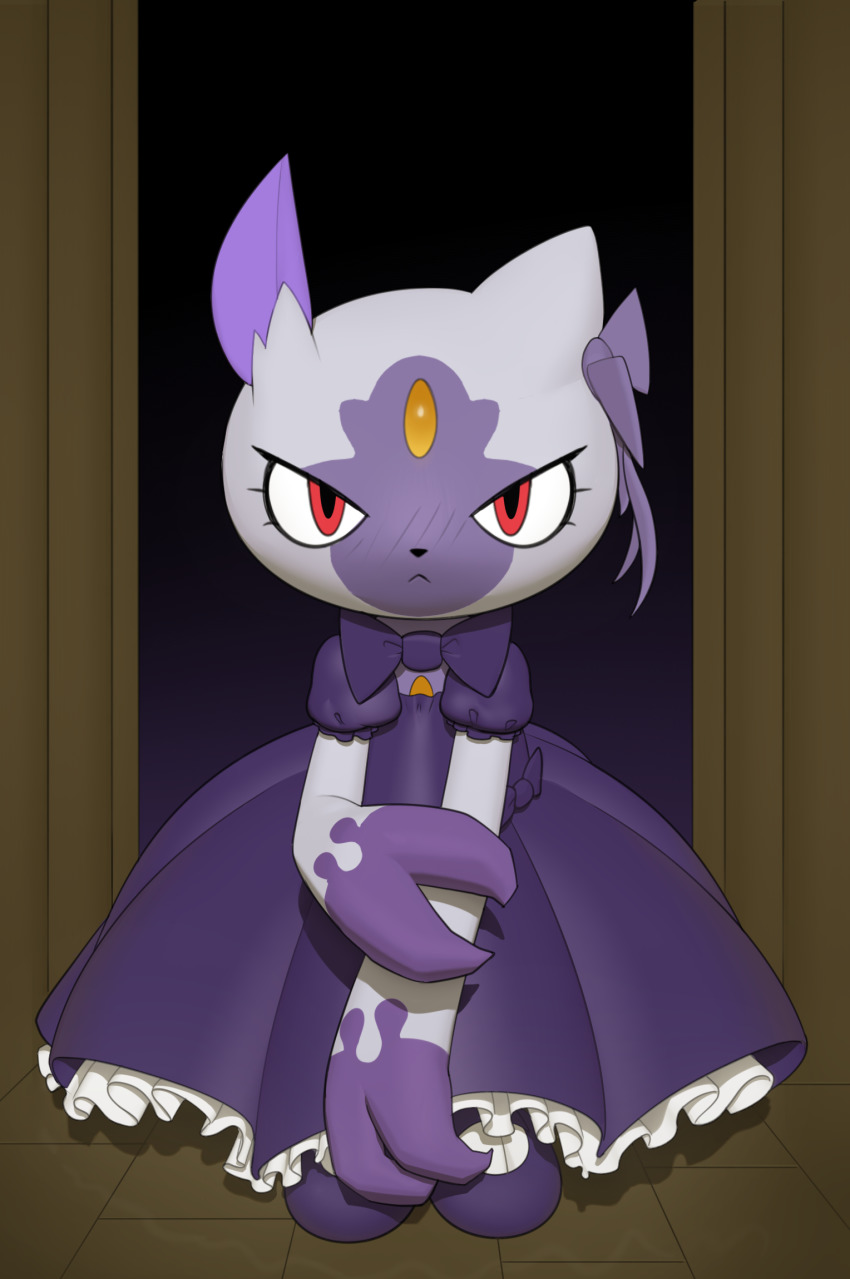 1girl, :<, animal_ears, animal_nose, blush, body_fur, bow, bowtie, claws, closed_mouth, clothed_pokemon, dress, embarrassed, female_focus, flat_chest, forehead_jewel, frilled_dress, frills, full_body, furry, furry_female, grey_fur, hair_bow, highres, hisuian_sneasel, hand_on_own_arm, inkune, looking_at_viewer, nintendo, nose_blush, pokemon, pokemon_(creature), puffy_short_sleeves, puffy_sleeves, purple_bow, purple_bowtie, purple_dress, purple_fur, purple_shoes, red_eyes, shoes, short_sleeves, solo, standing, straight-on, two-tone_fur