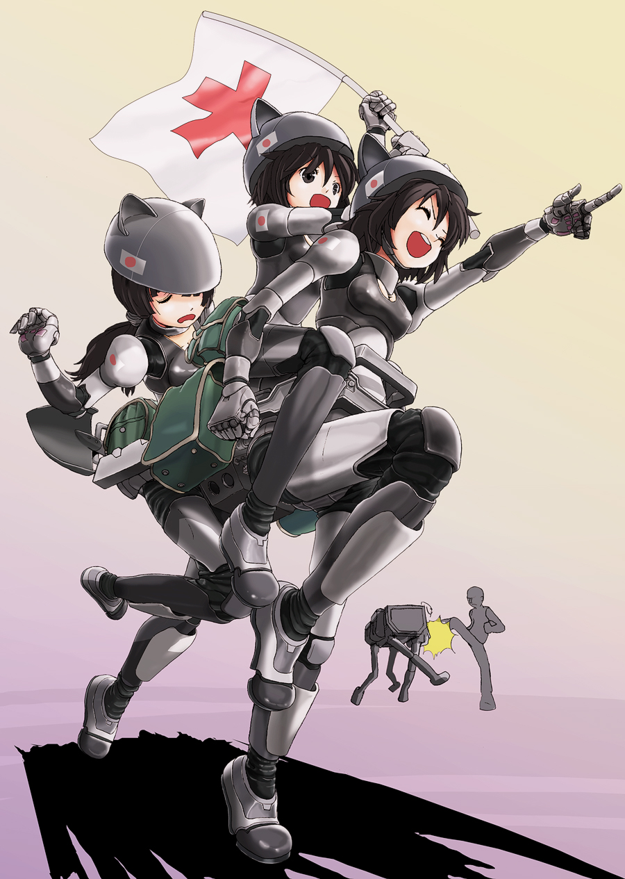 3girls, animification, bad_id, bad_pixiv_id, bigdog, boston_dynamics, flag, helmet