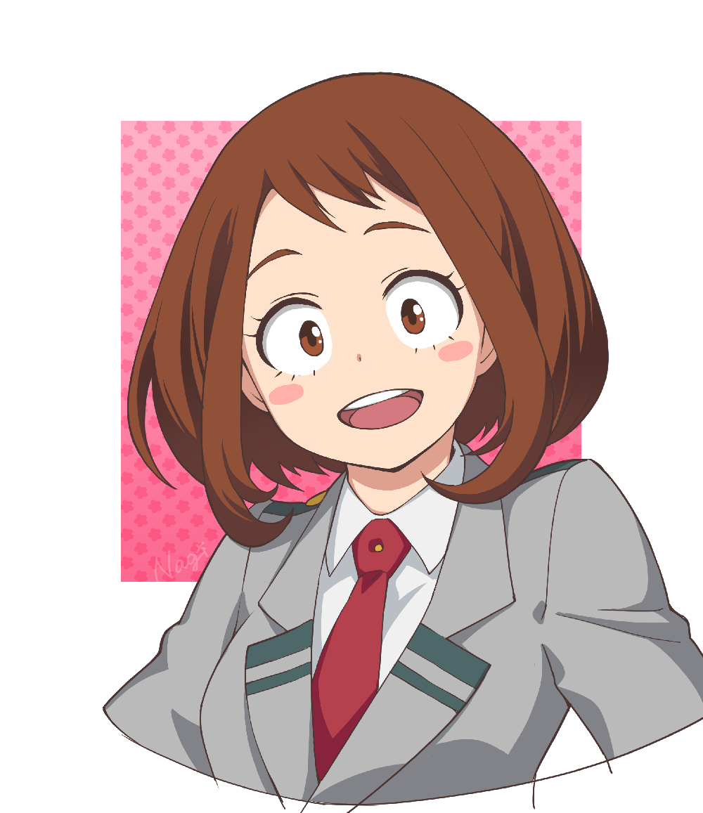 1girl, blazer, boku_no_hero_academia, border, brown_eyes, brown_hair, collared_shirt, grey_jacket