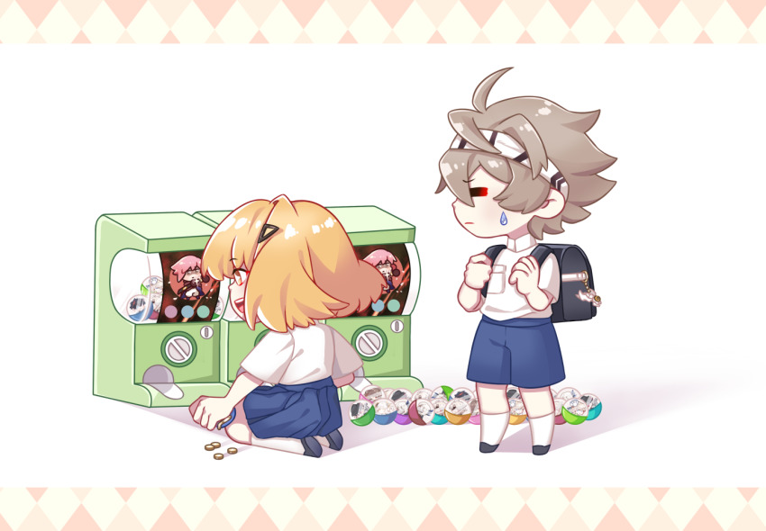 1boy, 1girl, alchemy_stars, backpack, bag, brown_hair, gachapon_(object), grey_hair