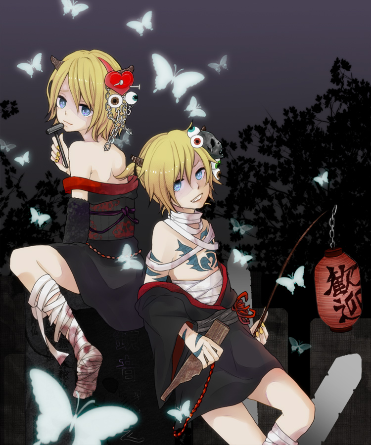 1boy, 1girl, bandages, bare_shoulders, blonde_hair, blue_eyes, brother_and_sister, bug