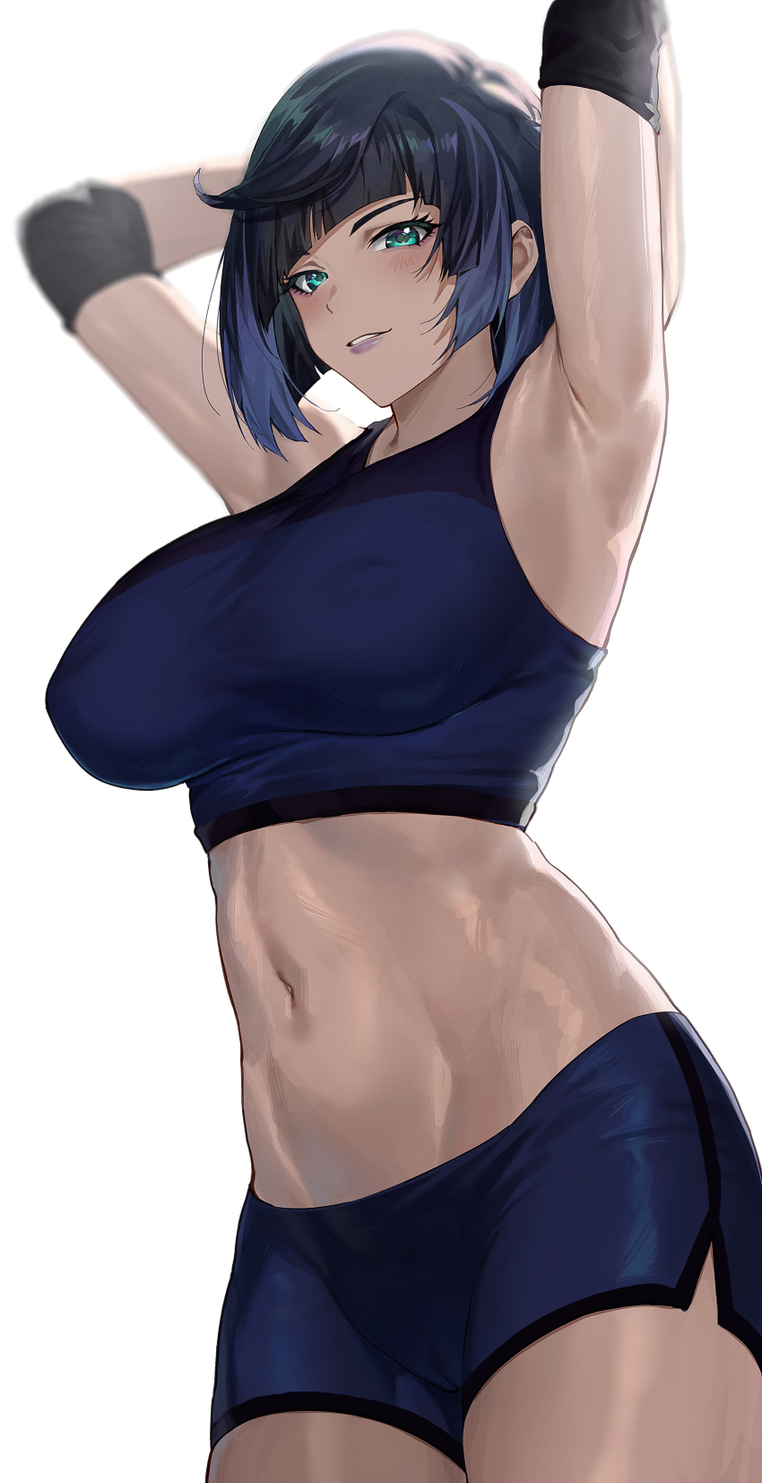 1girl, absurdres, alternate_costume, armpits, arms_behind_head, arms_up, black_hair, blue_hair