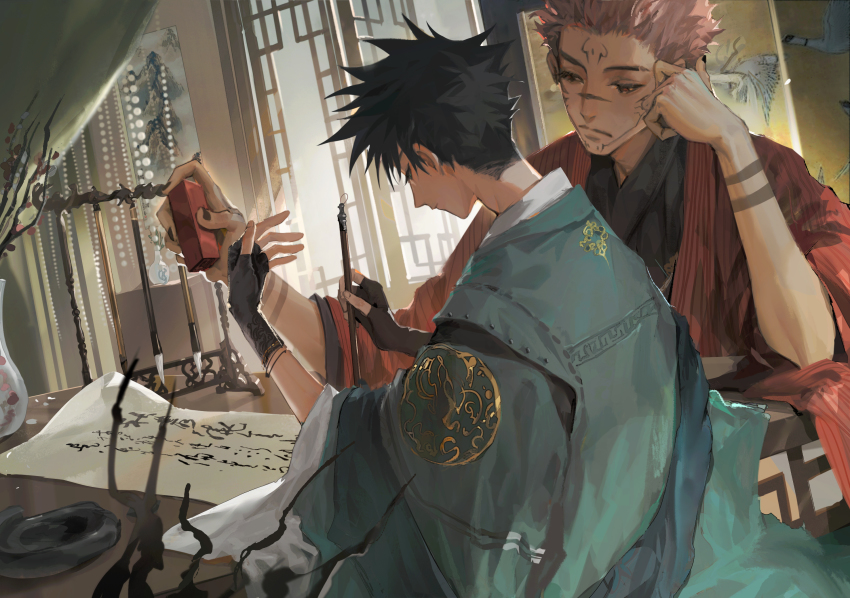 2boys, architecture, arm_tattoo, black_hair, black_kimono, black_nails, blue_eyes, calligraphy, calligraphy_brush, chair, closed_mouth, curtains, desk, east_asian_architecture, facial_tattoo, fingerless_gloves, flower, fushiguro_megumi, gloves, hand_on_own_face, haori, highres, holding, holding_paintbrush, indoors, japanese_clothes, jujutsu_kaisen, kimono, long_sleeves, male_focus, multiple_boys, nail_polish, paintbrush, paintbrush_rack, paper, pink_hair, plant, red_eyes, ryoumen_sukuna_(jujutsu_kaisen), scroll, short_hair, sitting, spiked_hair, tattoo, vase, wide_sleeves, woshihedawei, writing
