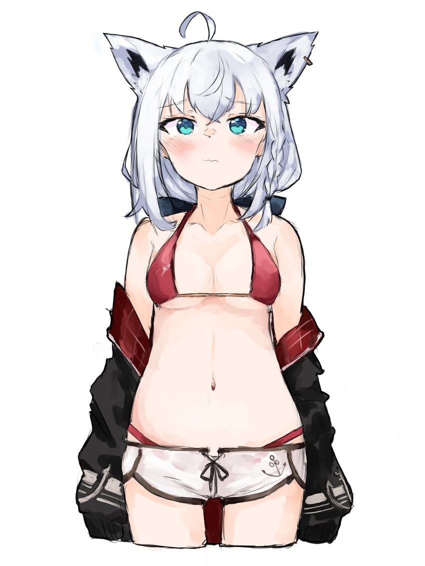 1girl, absurdres, ahoge, animal_ear_fluff, animal_ears, aqua_eyes, bikini, bikini_under_clothes