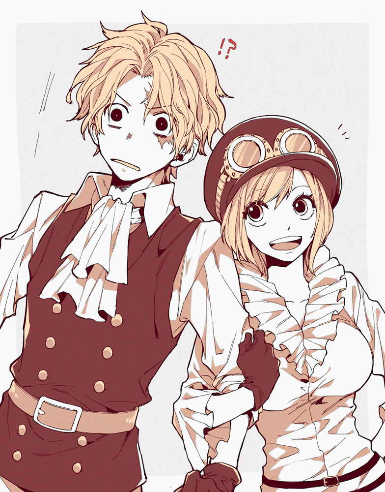 !?, 1boy, 1girl, blonde_hair, brown_hair, confused, hat, holding_another's_wrist