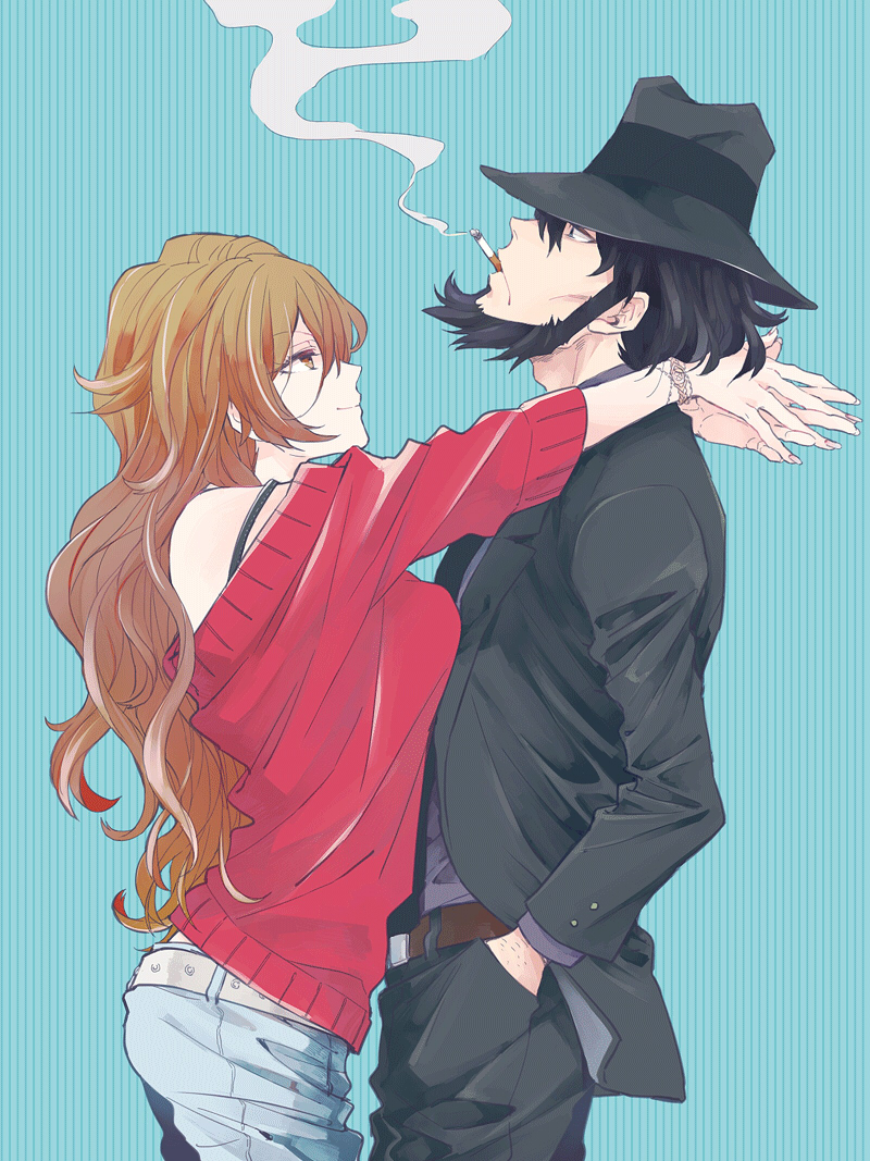 1boy, 1girl, beard, black_hair, brown_hair, cigarette, facial_hair, hands_in_pockets, hat, hoyano_(maimai), jacket, jigen_daisuke, long_hair, looking_at_another, looking_down, looking_up, lupin_iii, mine_fujiko, outstretched_hand, pants, shirt, short_hair, smile, smoke, smoking