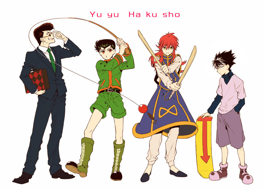 4boys, black_hair, black_shirt, blouse, collared_shirt, cosplay, creator_connection, fishing_rod, formal_clothes, glasses, gon_freecss, gon_freecss_(cosplay), grin, hiei, hoyano_(maimai), hunter_x_hunter, killua_zoldyck, killua_zoldyck_(cosplay), kurama_(yu_yu_hakusho), kurapika, kurapika_(cosplay), kuwabara_kazuma, layered_sleeves, leorio_paladiknight, leorio_paladiknight_(cosplay), long_hair, long_sleeves, looking_at_viewer, male_focus, multiple_boys, red_hair, shirt, short_hair, short_over_long_sleeves, short_sleeves, skateboard, smile, suit, suitcase, sword, tabard, urameshi_yuusuke, weapon, white_shirt, wooden_sword, yuu_yuu_hakusho