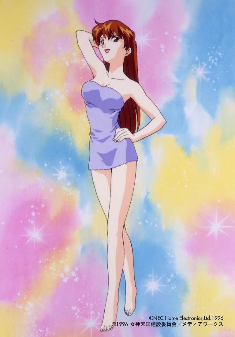 1990s_(style), 1996, 1girl, arm_up, barefoot, breasts, brown_eyes, brown_hair, cleavage, collarbone, copyright_name, copyright_notice, full_body, hand_on_own_hip, juliana_(megami_paradise), long_hair, looking_at_viewer, megami_paradise, naked_towel, nec, official_art, open_mouth, retro_artstyle, solo, standing, towel, yamauchi_noriyasu