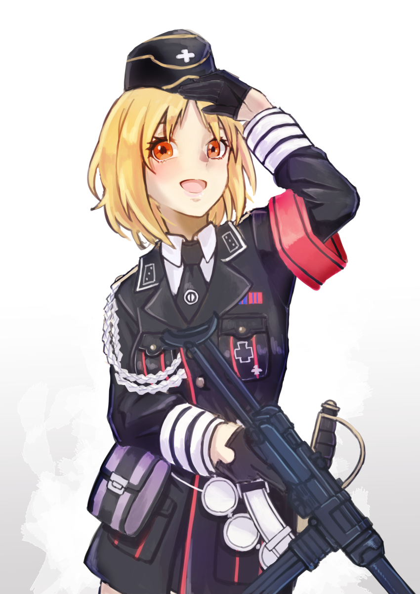 1girl, aiguillette, akaimame, armband, black_gloves, black_hat, black_necktie, blonde_hair