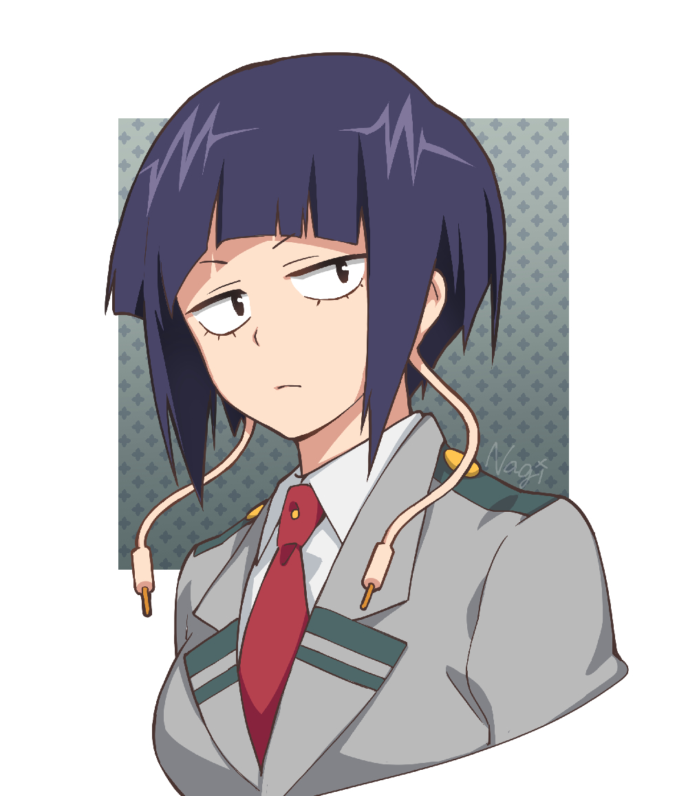1girl, audio_jack, black_eyes, blazer, blue_hair, boku_no_hero_academia, border, collared_shirt, grey_background, jacket, jiro_kyoka, long_earlobes, nagiayase, necktie, red_necktie, school_uniform, shirt, short_hair, signature, solo, u.a._school_uniform, white_border, white_shirt