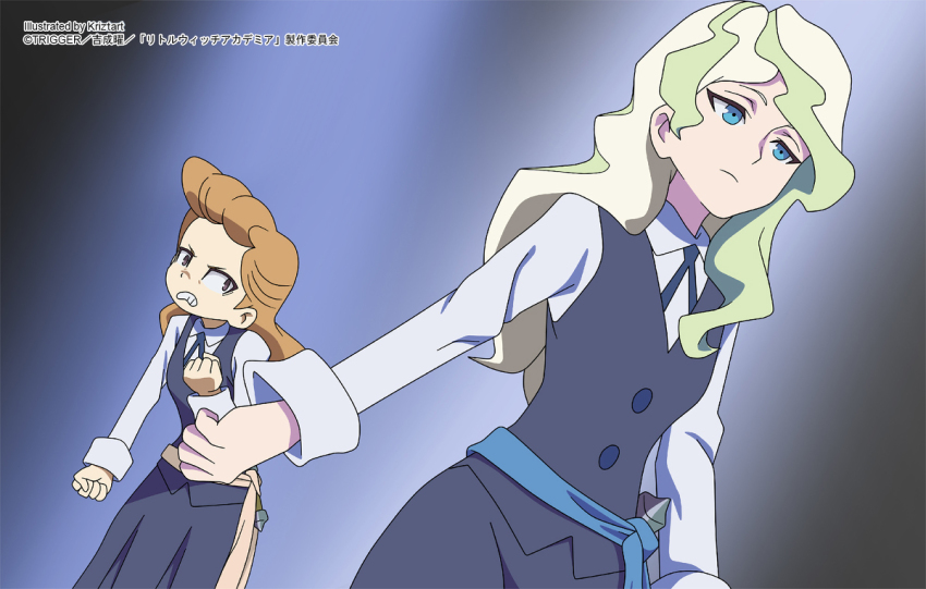 2girls, angry, blonde_hair, chloe_(little_witch_academia), clenched_hands, diana_cavendish, forehead, kriztart