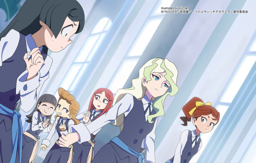 6+girls, barbara_parker, blonde_hair, blue_eyes, blue_hair, bow, chloe_(little_witch_academia), closed_eyes
