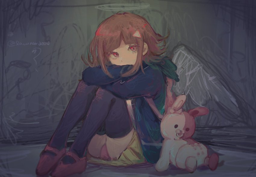 1girl, alternate_hair_ornament, artist_name, black_jacket, black_thighhighs, blunt_bangs, bow, brown_hair, brown_skirt, danganronpa_(series), danganronpa_2:_goodbye_despair, diaper, ear_bow, flipped_hair, grey_background, hair_ornament, halo, highres, hood, hood_down, jacket, liang_cun_rakuna, looking_at_viewer, medium_hair, monomi_(danganronpa), nanami_chiaki, pink_eyes, pink_shoes, shoes, sitting, skirt, solo, stuffed_animal, stuffed_rabbit, stuffed_toy, thighhighs, triangle_hair_ornament, wings
