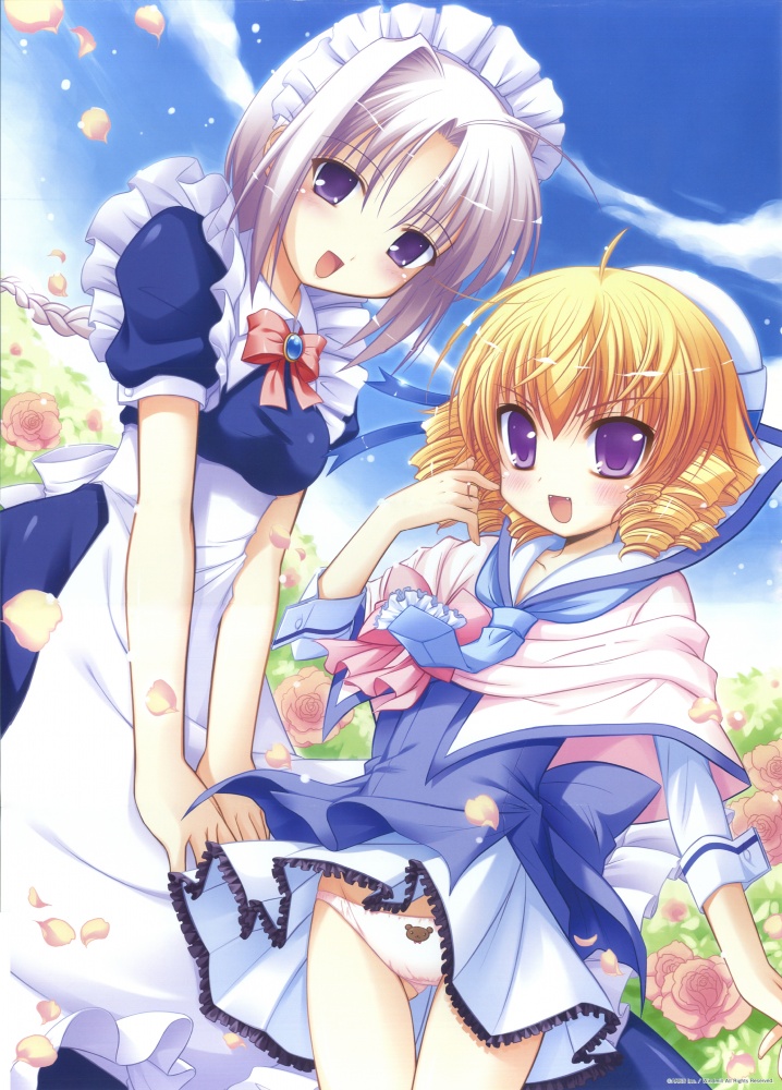 blonde_hair, blue_eyes, fujikura_itsuki, grey_eyes, inugahora_an, maid, panties, smile