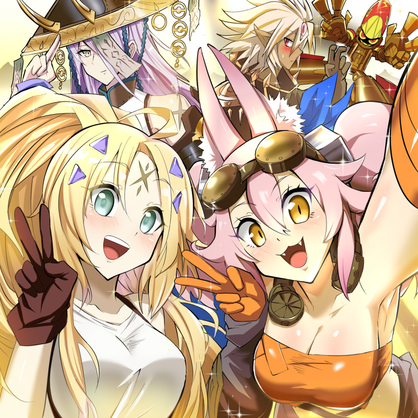 ahoge, animal_ears, breasts, cleavage, dark-skinned_male, dark_skin, dogmatika_ecclesia_the_virtuous, double_v