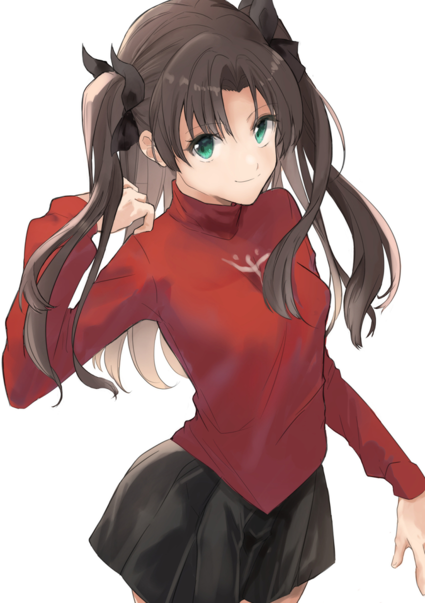 1girl, black_hair, black_ribbon, black_skirt, breasts, fate/stay_night, fate_(series), gorogoronemuri, green_eyes, hair_ribbon, highres, long_hair, long_sleeves, medium_breasts, miniskirt, pleated_skirt, red_sweater, ribbon, simple_background, skirt, smile, solo, sweater, tohsaka_rin, two_side_up, white_background