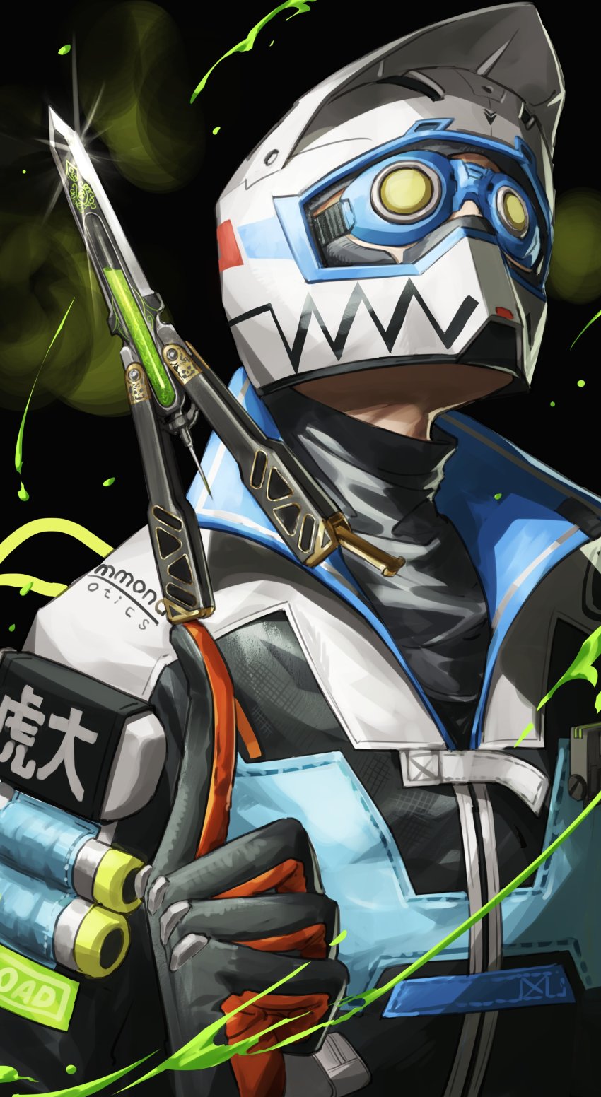 1boy, absurdres, apex_legends, balisong, black_background, black_gloves, black_shirt, blue_jacket