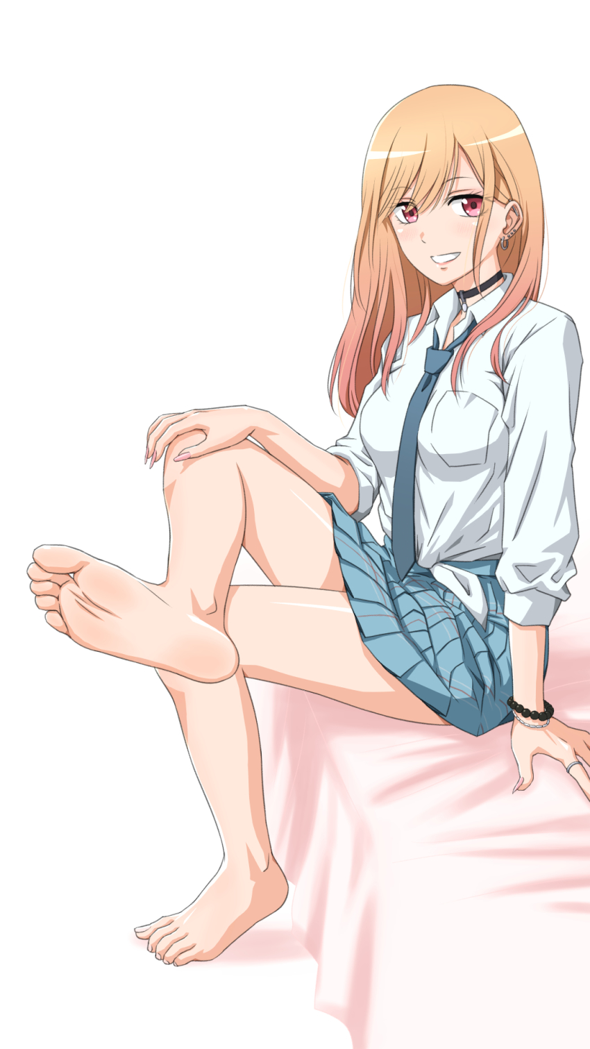 1girl, barefoot, blonde_hair, feet, hand_on_own_knee, highres, kitagawa_marin, long_hair, looking_at_viewer, necktie, parted_lips, raimaiedai, red_eyes, sitting, skirt, smile, soles, sono_bisque_doll_wa_koi_wo_suru, toes