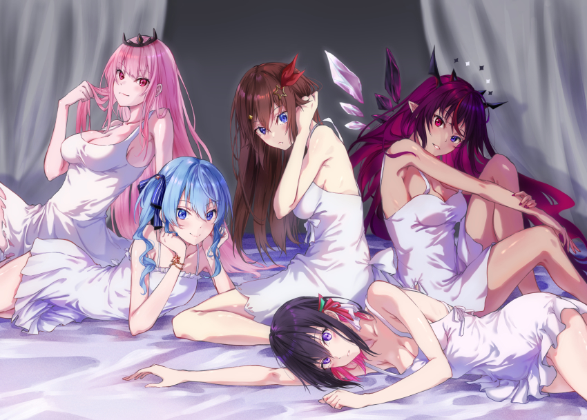 5girls, asahi_tsujino, azki_(hololive), blue_eyes, blue_hair, bracelet, breasts, brown_hair, camisole, cleavage, dress, hair_between_eyes, hair_ornament, hair_ribbon, hairclip, head_on_hand, heterochromia, highres, holding_leg, hololive, hololive_english, holomyth, horns, hoshimachi_suisei, idol, irys_(hololive), large_breasts, long_hair, looking_at_viewer, lying, medium_hair, mori_calliope, multicolored_hair, multiple_girls, multiple_horns, on_bed, on_stomach, pink_hair, playing_with_own_hair, red_eyes, red_hair, red_ribbon, ribbon, short_dress, short_hair, side_ponytail, sideboob, star_(symbol), star_bracelet, star_hair_ornament, tiara, tokino_sora, virtual_youtuber, white_camisole