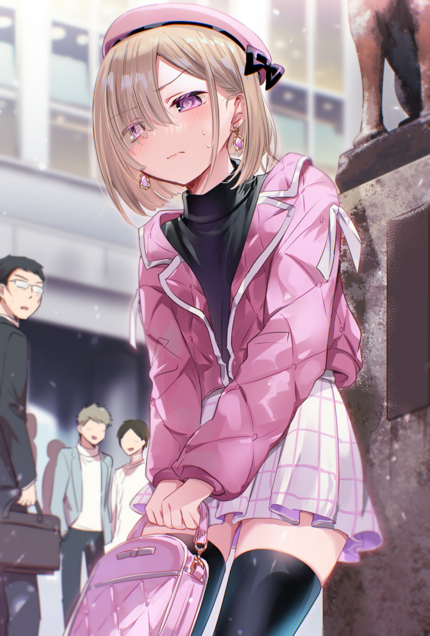 1girl, 3boys, :d, @_@, bag, beret, black_hair, black_thighhighs, blonde_hair, blush, earrings, embarrassed, faceless, faceless_male, glasses, hachiko_(dog), hand_in_pocket, handbag, hat, highres, jacket, jewelry, multiple_boys, open_mouth, original, purple_eyes, shibuya_(tokyo), short_hair, skirt, smile, statue, sweatdrop, thighhighs, tokyo_(city), tyuraba, zettai_ryouiki