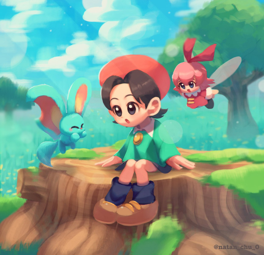 2girls, adeleine, beret, black_hair, blue_eyes, blush_stickers, bow, elfilin, fairy, fairy_wings, grey_eyes, hair_bow, hair_ribbon, hat, highres, kirby_(series), kirby_64, kirby_and_the_forgotten_land, multiple_girls, natan_chu_0, nintendo, open_mouth, pink_hair, ribbon, ribbon_(kirby), shoes, short_hair, sitting, skirt, smock, socks, tree, tree_stump, wings