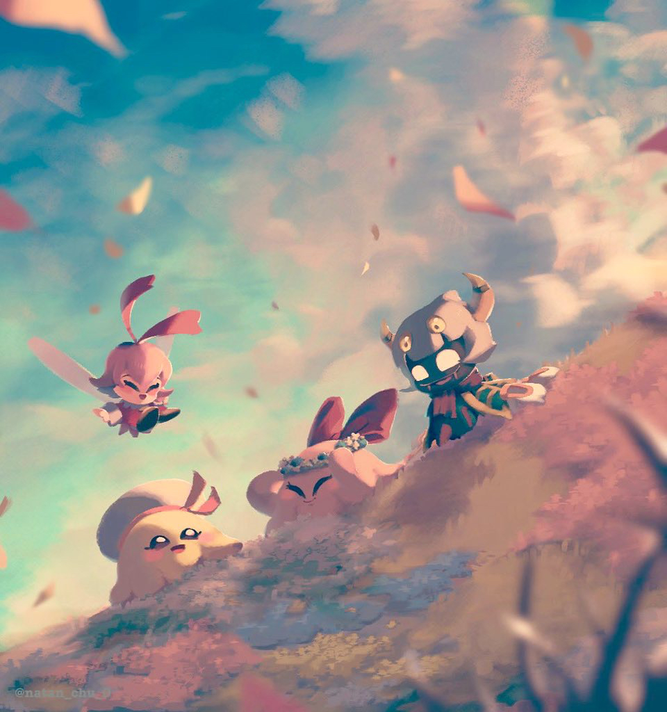 blush_stickers, bow, cape, chuchu_(kirby), eyelashes, closed_eyes, fangs, field