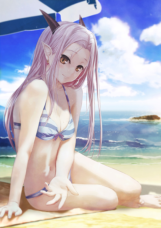 1girl, bare_arms, bare_legs, beach, bikini, blue_sky, breasts, brown_eyes