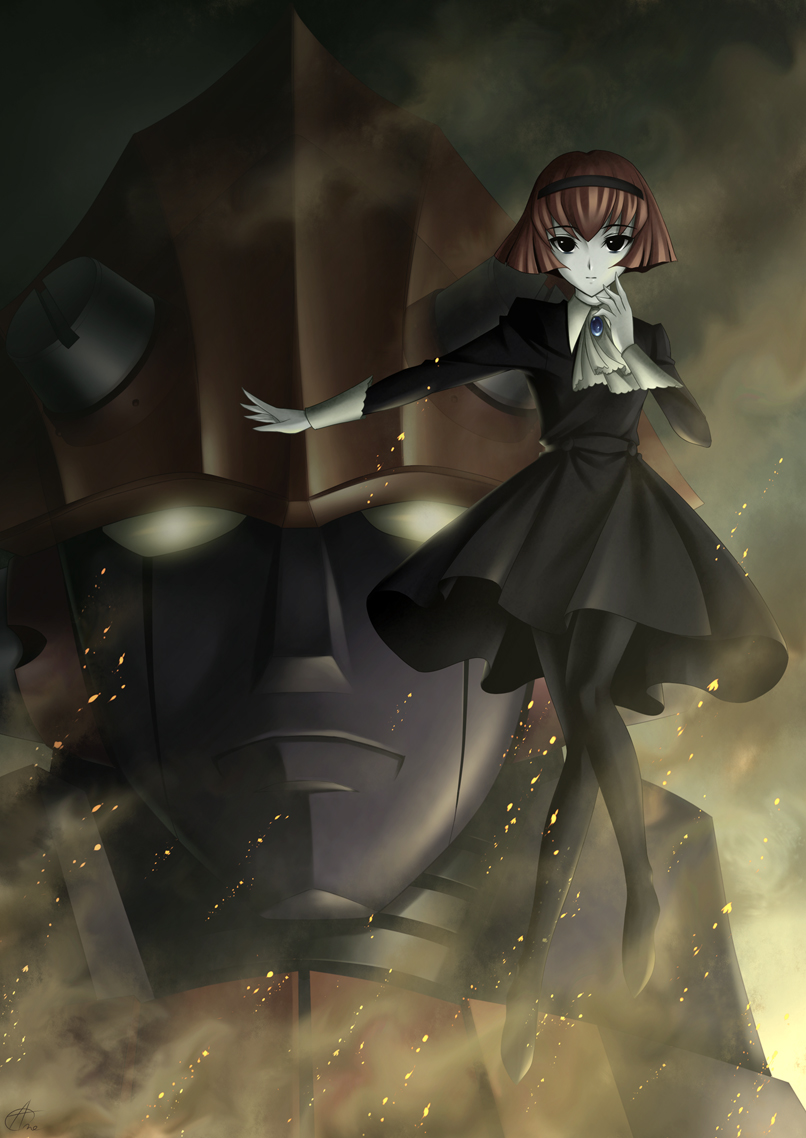 amane_(funfun), android, ascot, big_o_(mecha), black_eyes, black_legwear, bob_cut, brooch