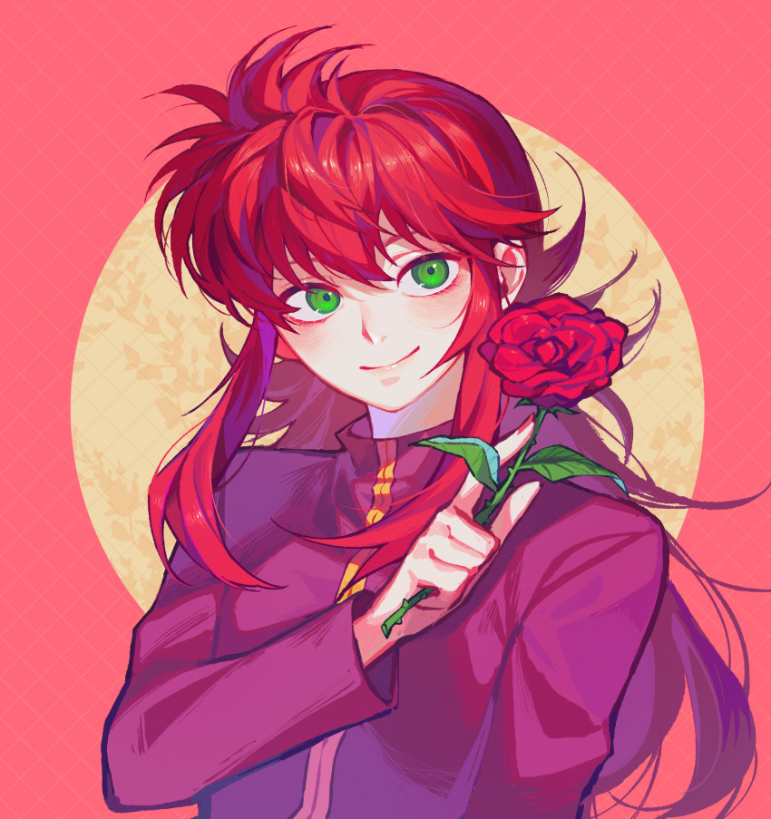 1boy, flower, green_eyes, highres, holding, holding_flower, hsh7955, kurama_(yu_yu_hakusho), long_hair, long_sleeves, male_focus, pink_shirt, red_hair, rose, school_uniform, shirt, smile, solo, trap, yuu_yuu_hakusho